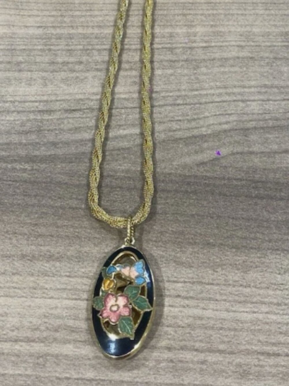 VTG Cloisonne Enamel Floral Butterfly Oval Pendant Necklace Gold Tone Rope Chain